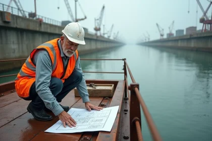 Ingénieur inspectant une structure flottante modulaire sur un fleuve industriel