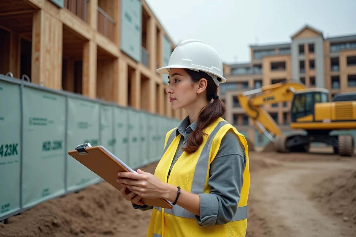 Ingénieure en génie civil inspectant un chantier d'écoquartier avec des structures en bois et matériaux durables