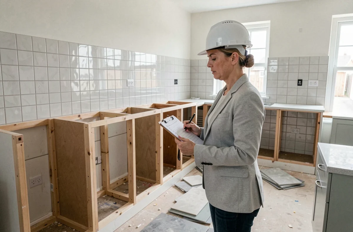 Maître d'ouvrage féminine inspectant l'avancement des travaux de rénovation cuisine avec une liste de contrôle