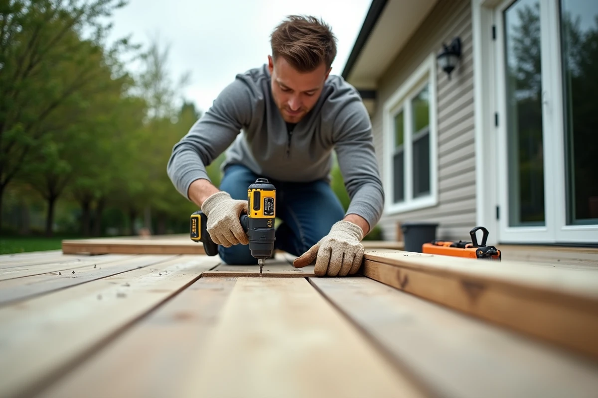 Homme installant une terrasse en bois composite dans un jardin résidentiel pour valoriser sa propriété