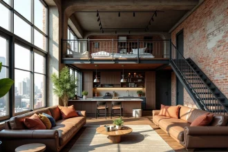 Intérieur d'un loft industriel avec murs en briques apparentes, poutres en acier et mezzanine, illustrant les caractéristiques architecturales d'un loft