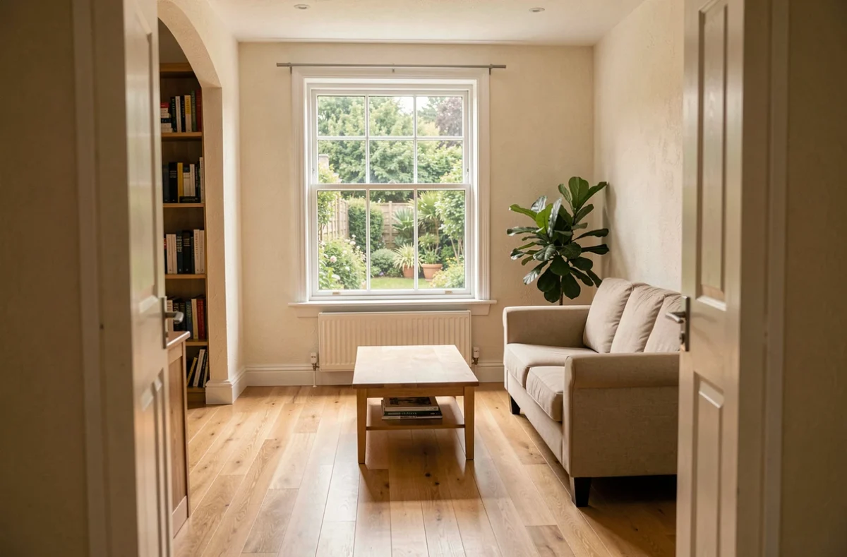 Intérieur d'une petite maison meublée à louer par particulier dans le 76, salon lumineux avec vue sur jardin