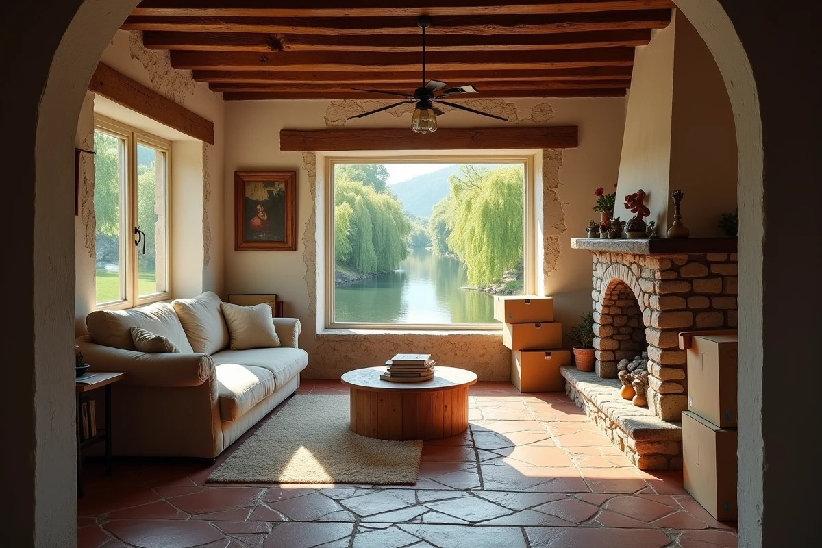 Intérieur authentique d'une maison à vendre pas cher avec vue sur canal depuis le salon avec poutres apparentes