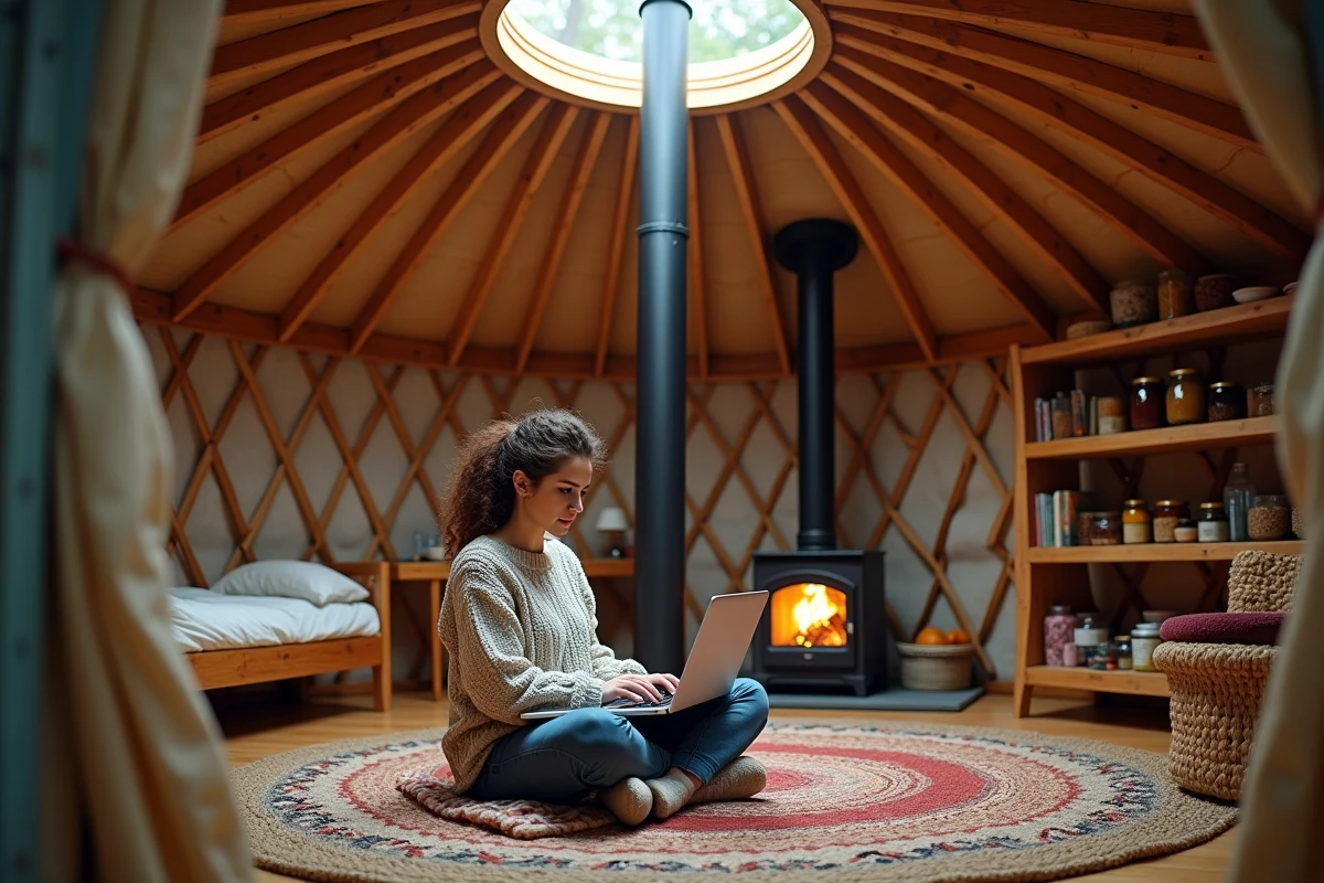 Intérieur d'une yourte aménagée pour vivre à l'année sur un terrain non constructible en milieu rural