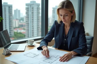 Femme agent immobilier analysant des plans d'appartements dans un bureau moderne avec vue sur la ville pour un investissement immobilier en 2026