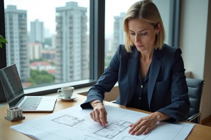 Femme agent immobilier analysant des plans d'appartements dans un bureau moderne avec vue sur la ville pour un investissement immobilier en 2026
