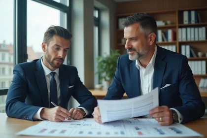Homme d'affaires analysant des documents immobiliers dans un bureau moderne avec vue sur la ville