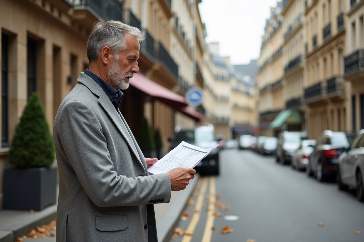 Investisseur immobilier consultant un document de valorisation devant des immeubles haussmanniens dans un quartier prisé d'une ville européenne