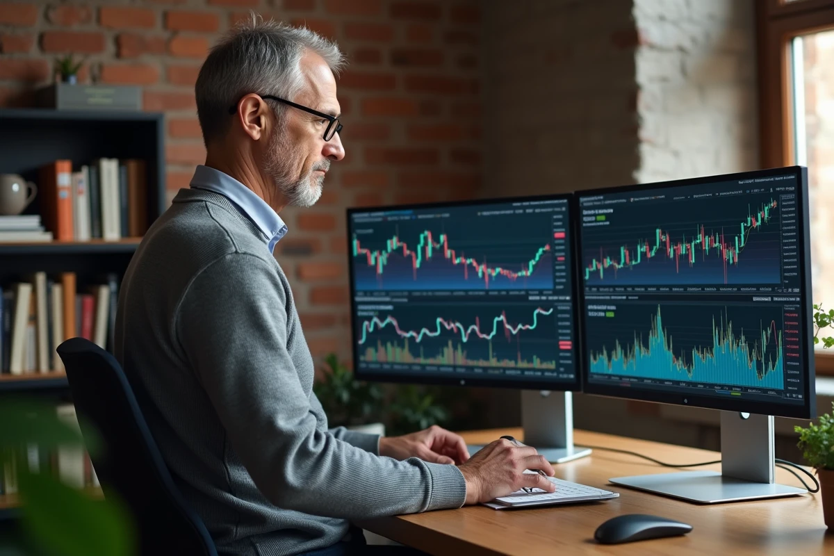 Investisseur particulier analysant des tableaux de bord financiers depuis son bureau à domicile