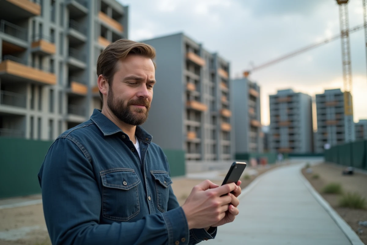 Investisseur devant un immeuble résidentiel neuf consultant une plateforme de crowdfunding immobilier sur son smartphone
