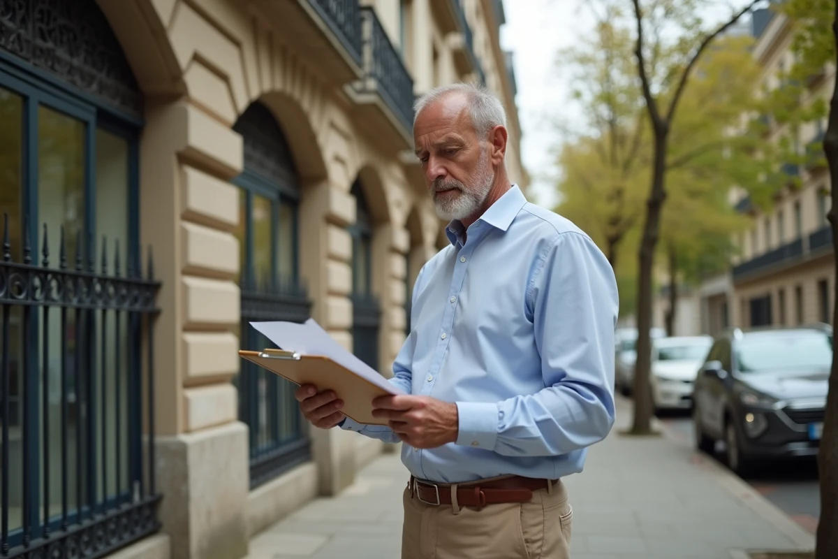 Investisseur immobilier examinant un immeuble résidentiel pour évaluer un achat via une SCI à long terme