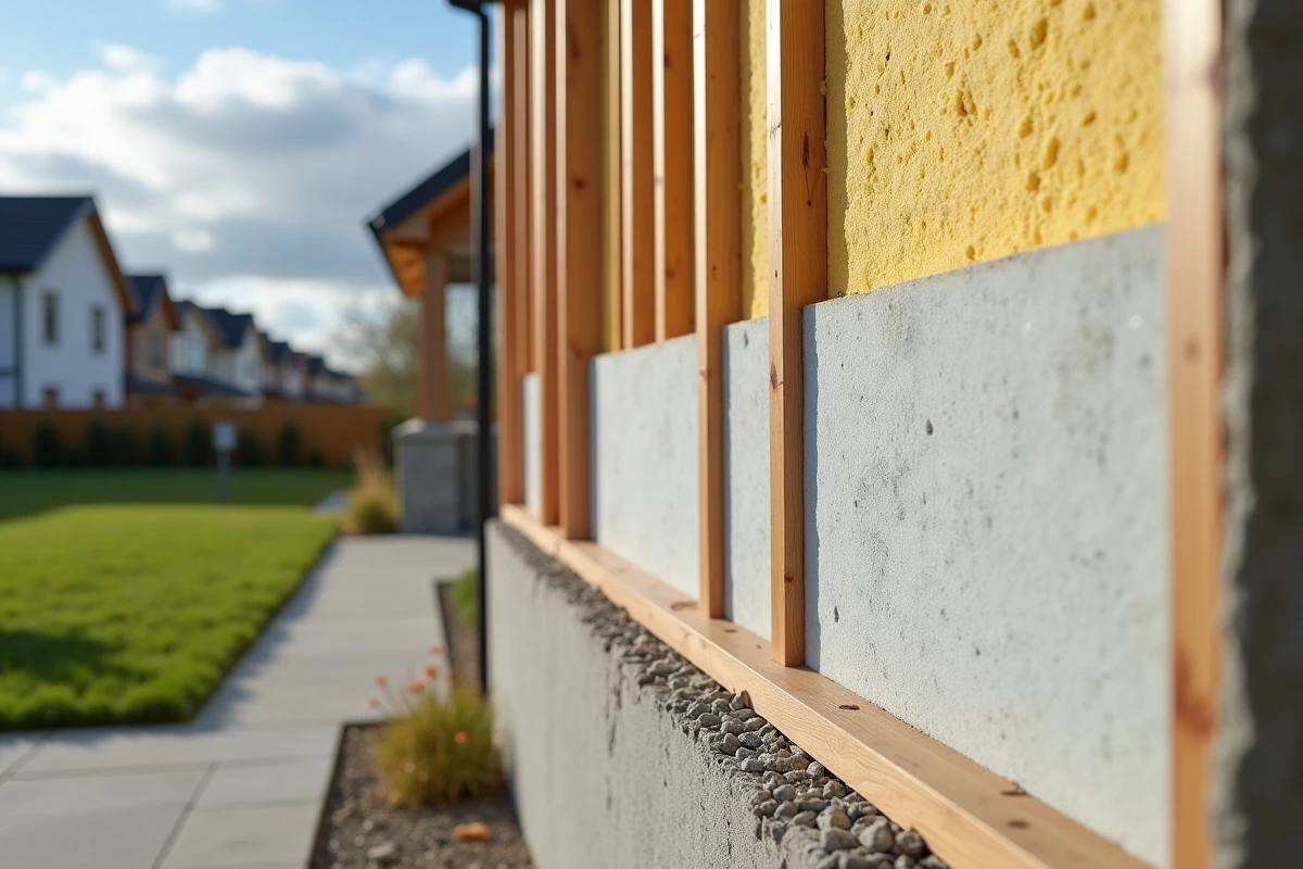 Détail de coupe de mur isolé lors d'une rénovation thermique conforme aux normes RT 2026 avec isolation et pare-vapeur visibles