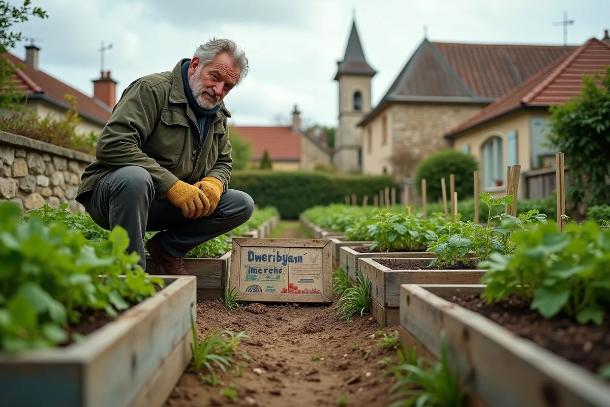 Jardin partagé communautaire en bordure d'un village français avec jardinier bénévole et clocher visible en arrière-plan