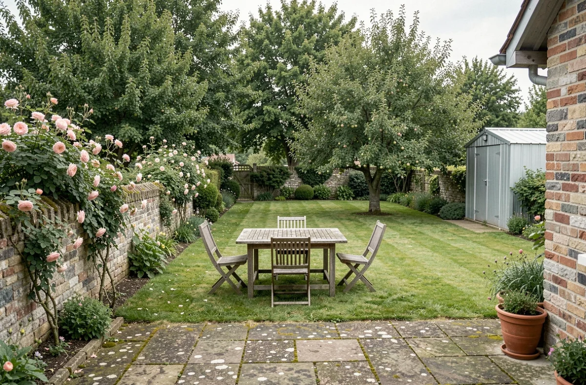 Jardin privé d'une petite maison à louer par particulier en Seine-Maritime 76, espace extérieur avec pelouse et pommiers normands