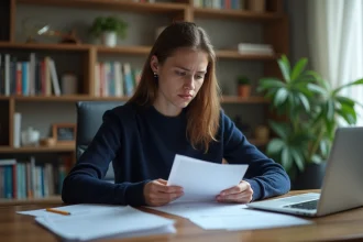 Jeune femme consultant des documents pour vérifier son éligibilité à la garantie Visale