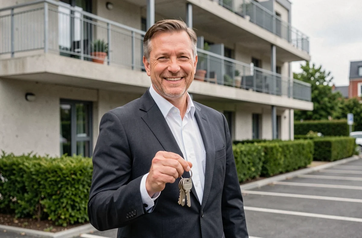 Professionnel de Kermarrec Habitation devant une résidence moderne à Rennes, tenant des clés d'appartement
