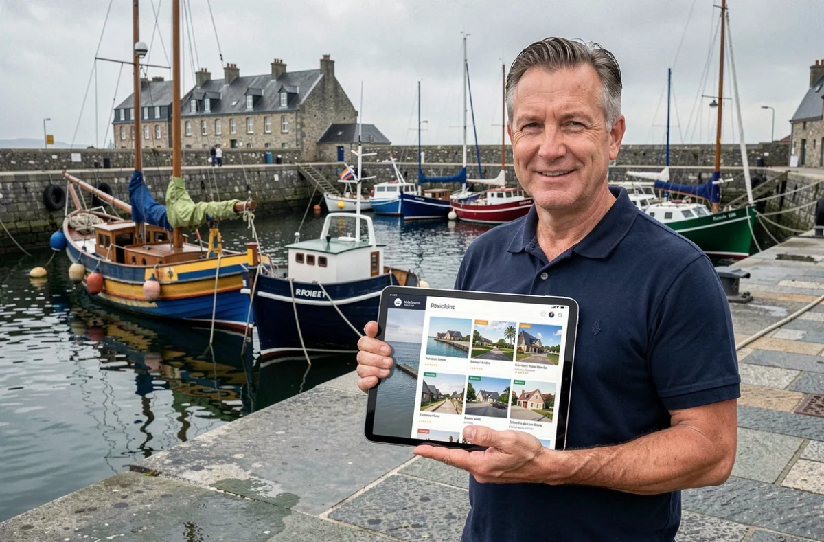 Agent immobilier de Laforêt Lorient sur le port de Lorient avec des bateaux bretons en arrière-plan