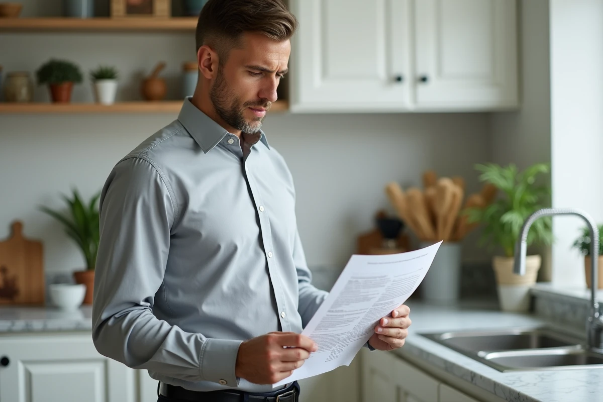 Homme lisant attentivement un document officiel de caution bancaire à son domicile