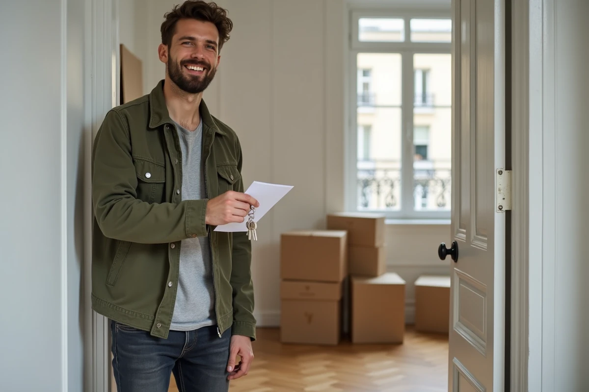 Jeune locataire tenant ses clés et son bail à l'entrée de son nouvel appartement loué