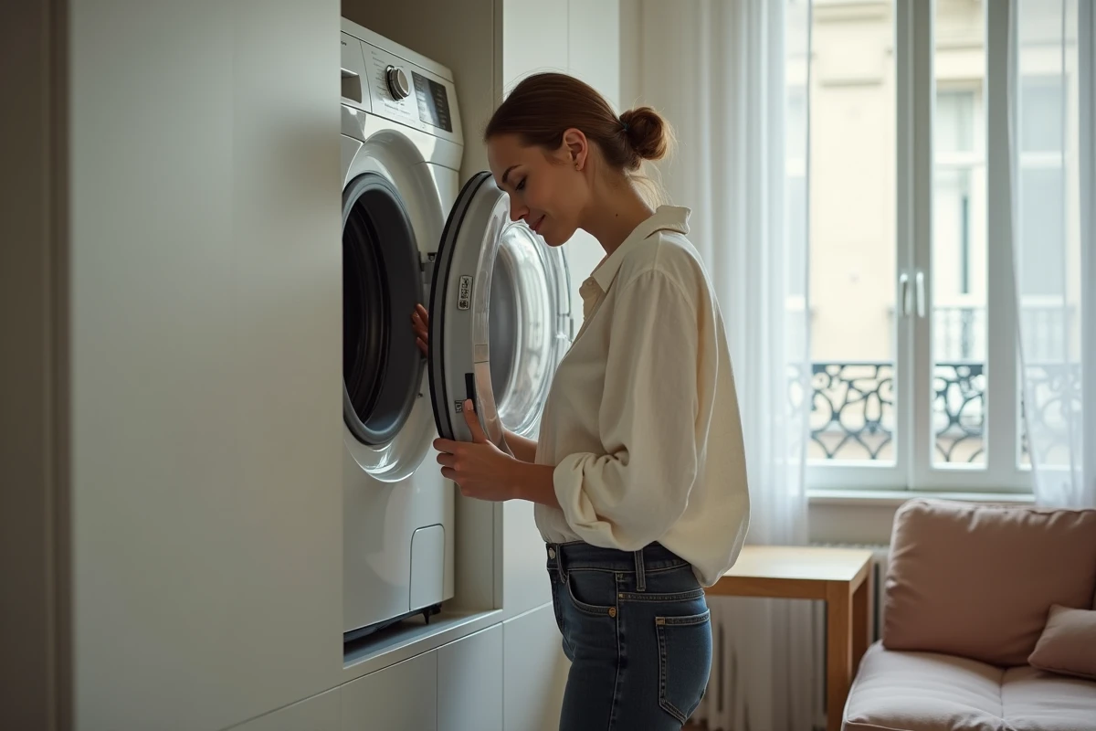 Jeune femme inspectant une machine à laver dans un appartement meublé lors d'une visite locative