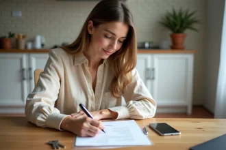 Locataire signant un contrat de bail avec une brochure d'assurance habitation posée sur la table