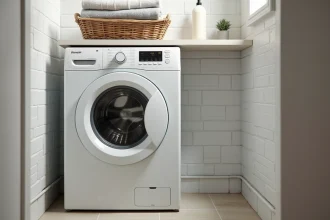 Machine à laver encastrée dans un appartement meublé moderne avec carrelage blanc et panier de linge