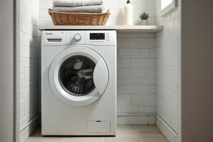 Machine à laver encastrée dans un appartement meublé moderne avec carrelage blanc et panier de linge