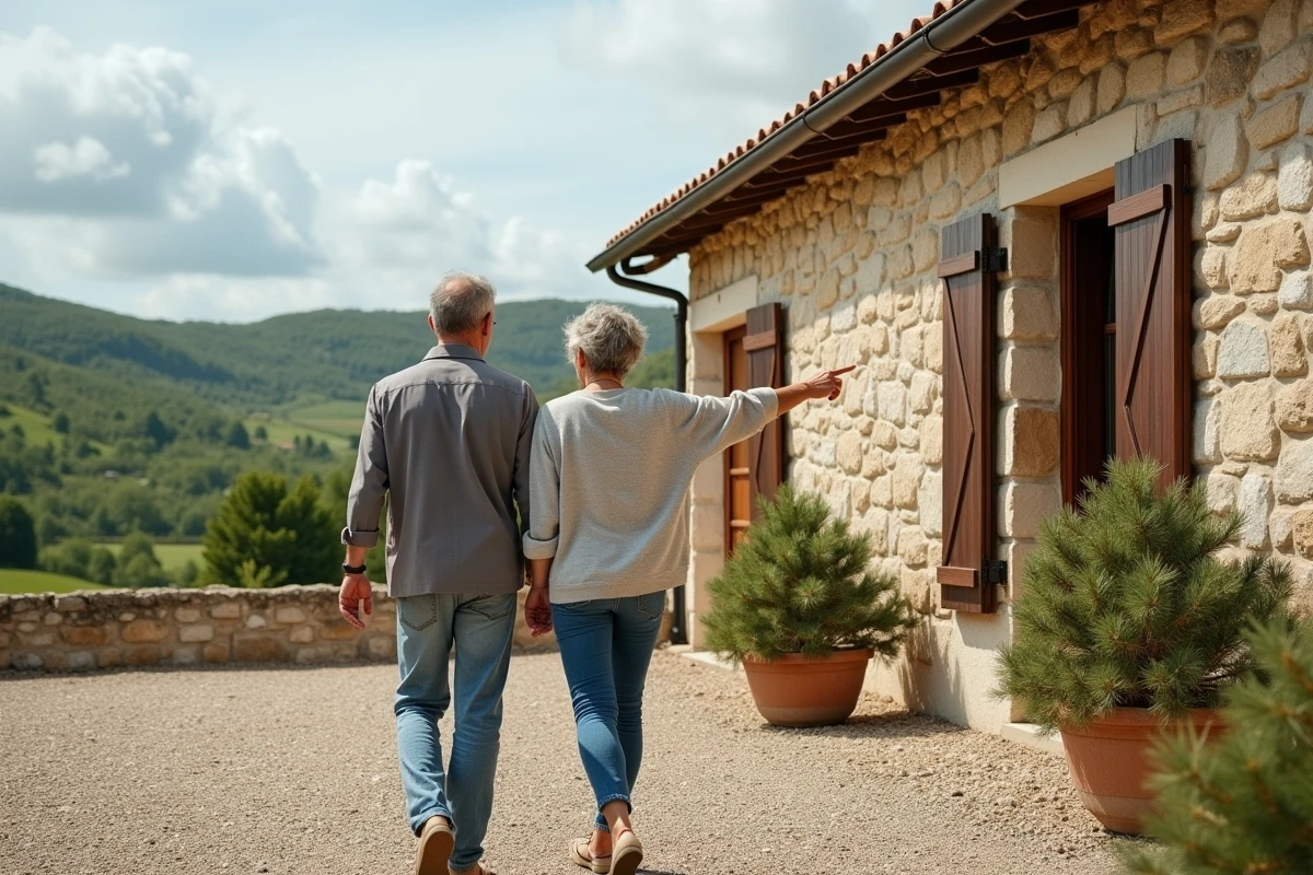 Couple visitant une maison de campagne en pierre rénovée dans la campagne française, évaluant le potentiel de valorisation du bien
