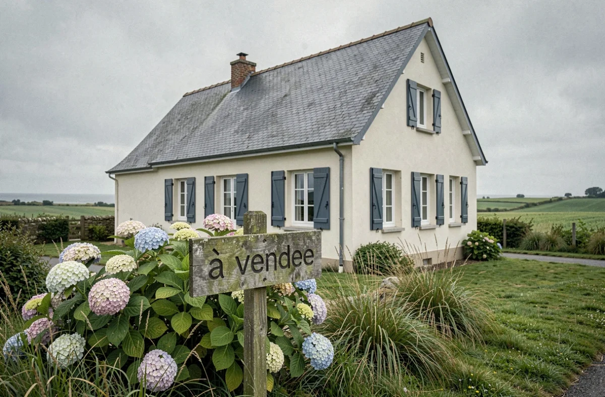 Petite maison normande à vendre avec panneau et vue mer au loin, sous ciel nuageux caractéristique de la Normandie