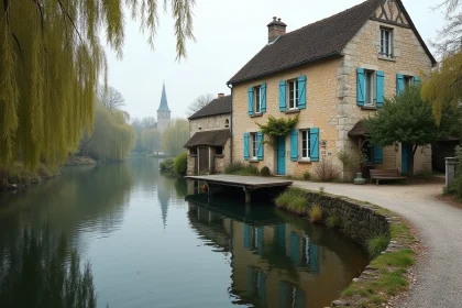 Maison en pierre à vendre au bord d'une rivière dans un village calme avec panneau À Vendre et reflets dans l'eau