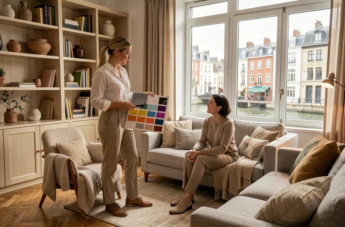 Marion Echegut présentant des échantillons de matériaux pour un projet d'aménagement intérieur dans un appartement à Pantin