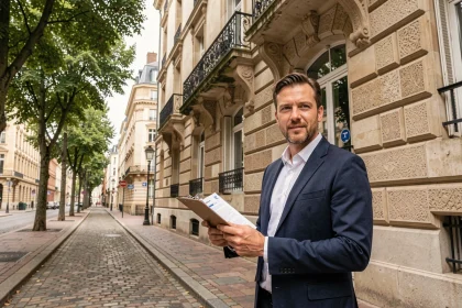 Gestionnaire de copropriété devant un immeuble en pierre de Lorraine à Metz, représentant le classement des syndics de copropriété en Moselle