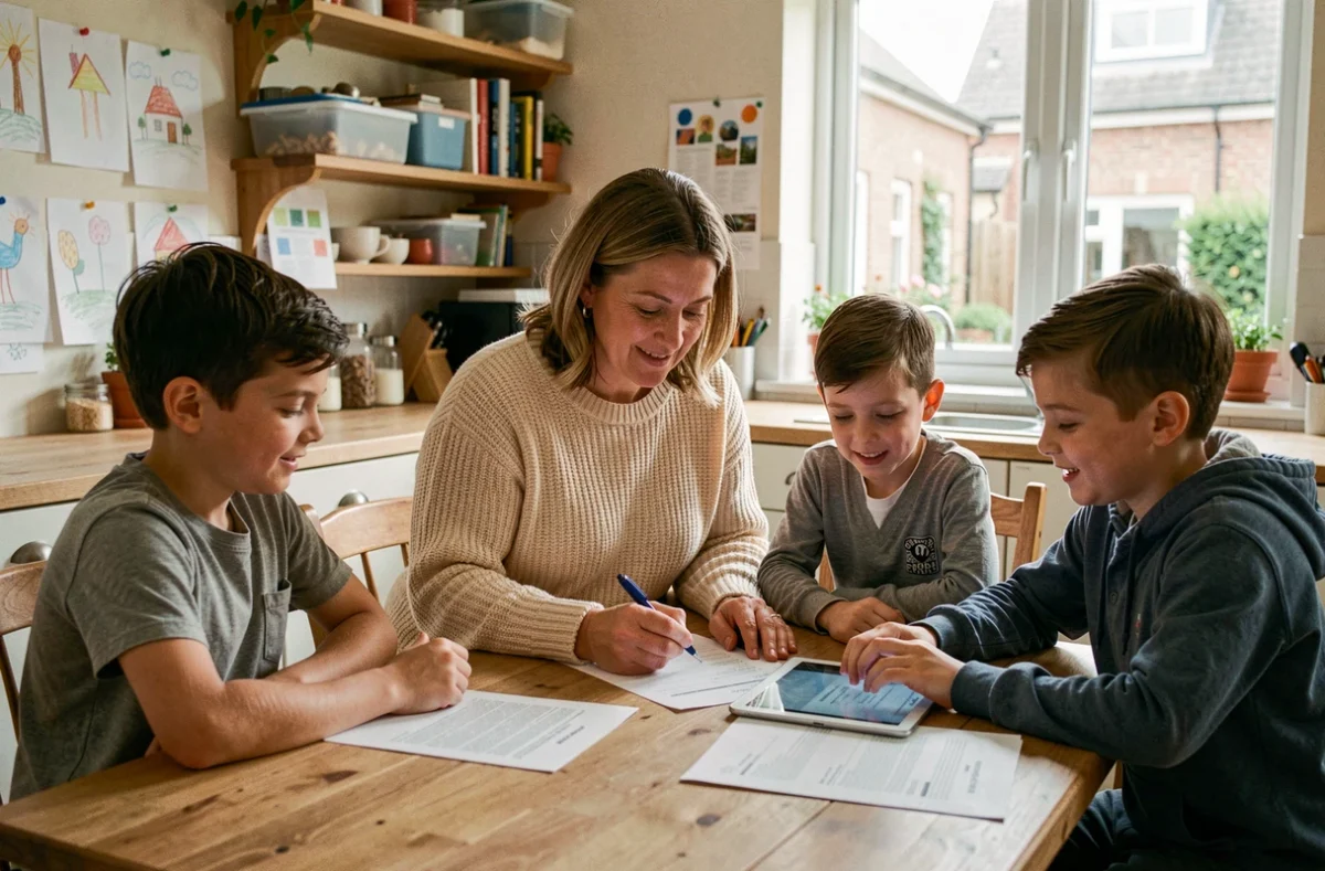 Mère de famille nombreuse consultant des documents de logement Cileo avec ses enfants autour d'une table de cuisine