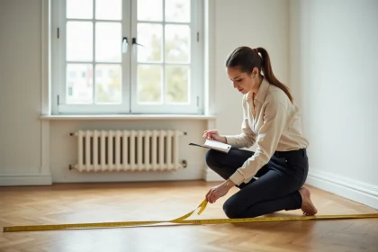 Femme mesurant la surface d'un appartement vide avec un mètre ruban jaune sur parquet en bois