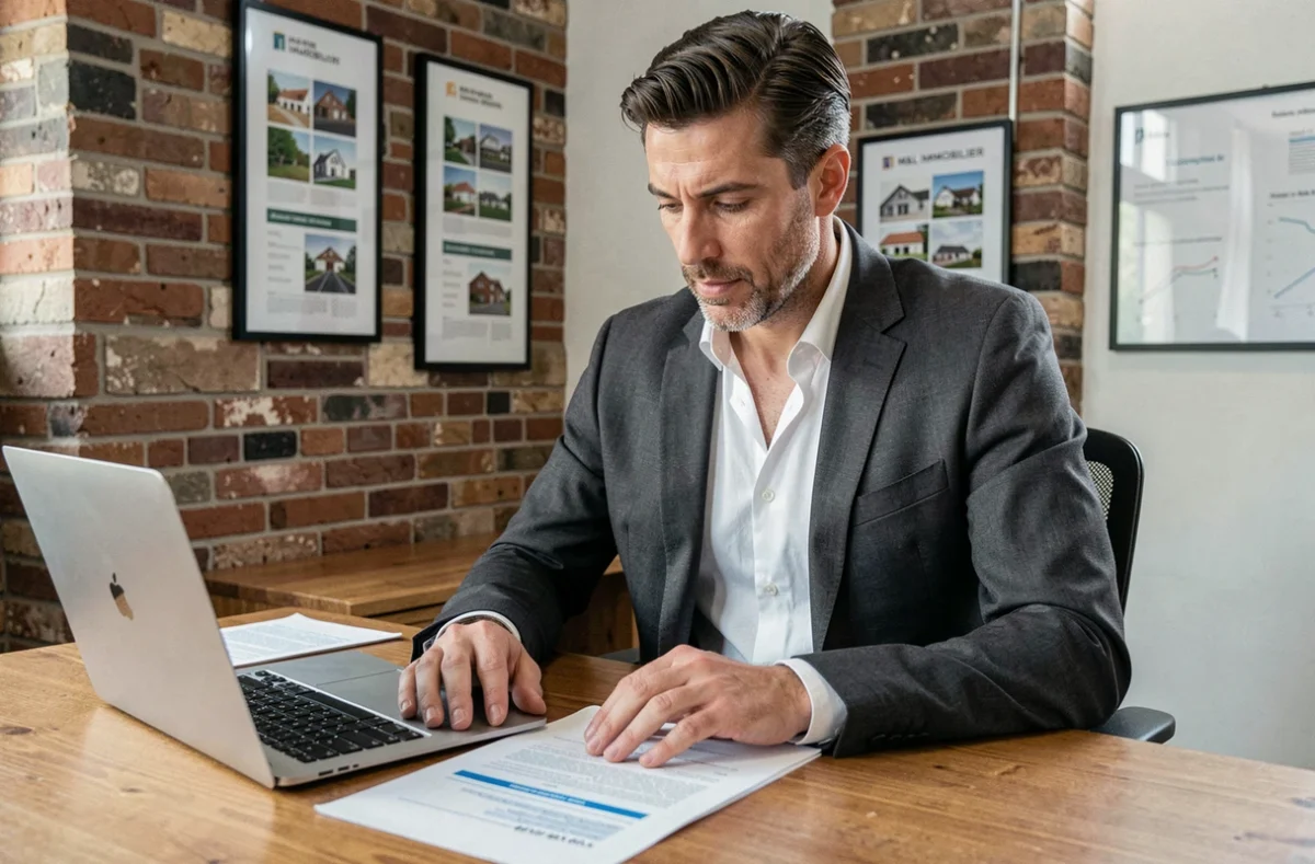 Conseiller immobilier de M&L Immobilier Moselle examinant un plan de gestion de copropriété dans son bureau