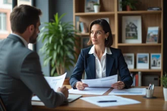 Négociation immobilière entre une agente et un acheteur autour d'une offre d'achat trop basse dans une agence moderne