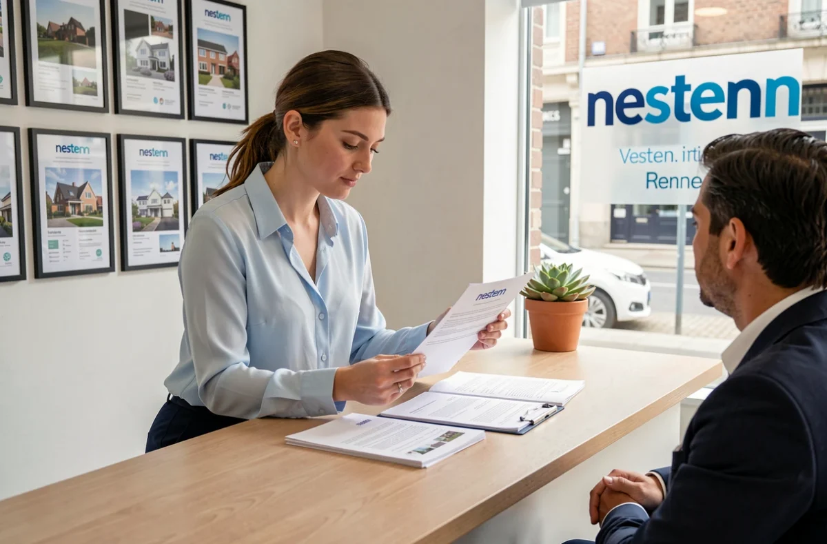 Agente de Nestenn Rennes Centre accueillant un locataire dans l'agence immobilière du centre-ville de Rennes