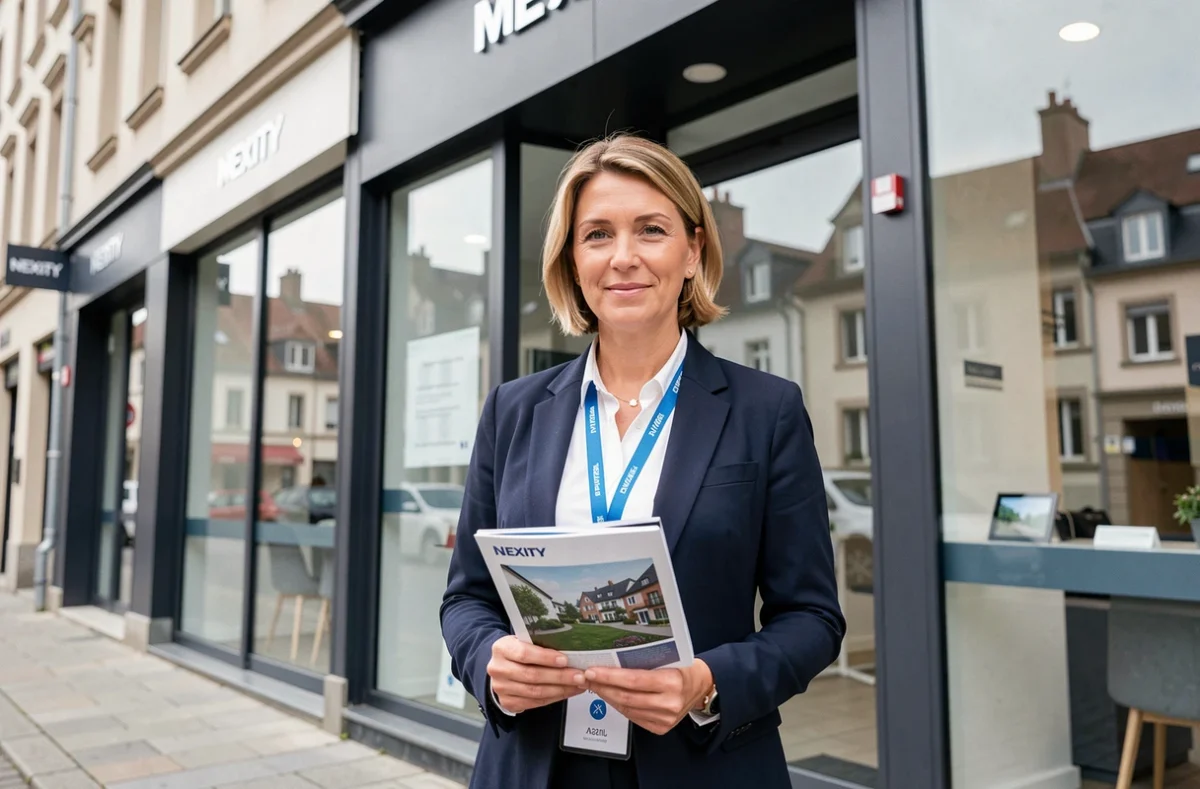 Responsable de Nexity Lamy Moselle devant l'agence en centre-ville, tenant une brochure immobilière