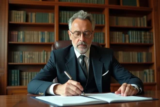 Notaire en costume marine examinant des documents de propriété dans son bureau, illustrant les frais de notaire lors d'une indivision