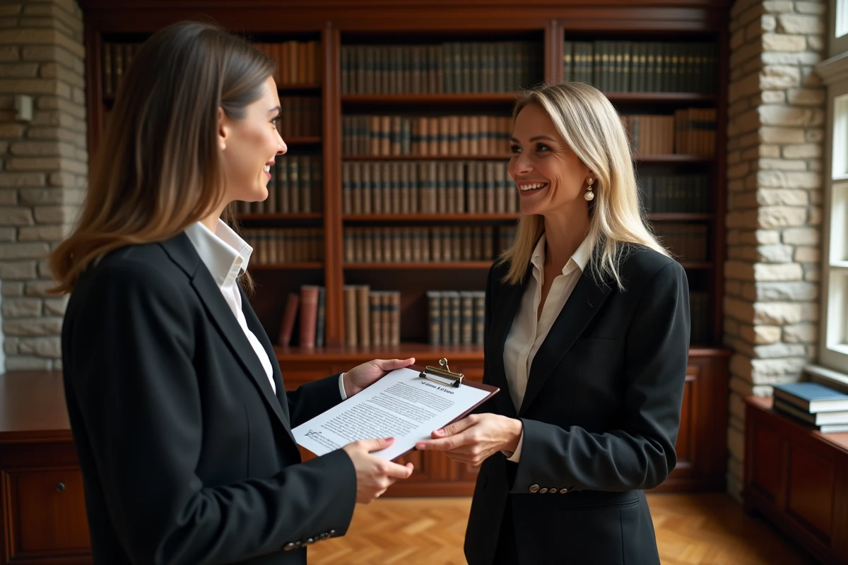 Notaire remettant un contrat de location avec option d'achat signé à une cliente