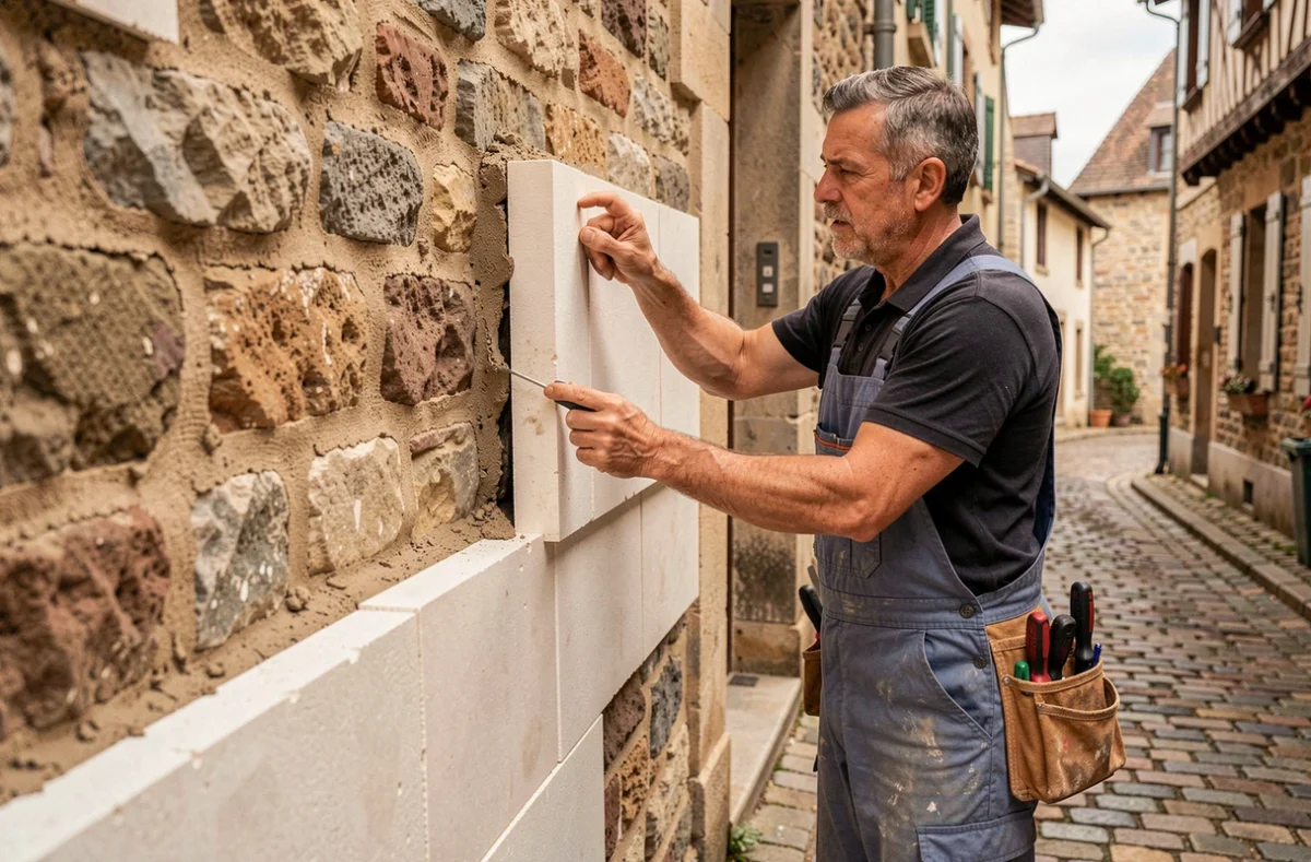 Artisan RGE Oriven Besançon posant une isolation extérieure sur une maison traditionnelle