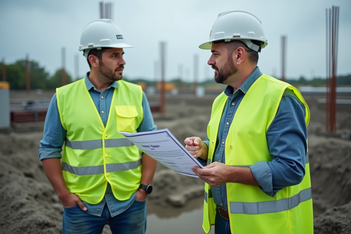 Deux ouvriers du bâtiment discutant d'une attestation d'assurance décennale sur un chantier avec fondation en béton