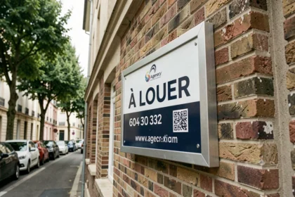 Panneau À Louer personnalisé avec logo d'agence immobilière fixé sur façade en brique d'un immeuble résidentiel urbain