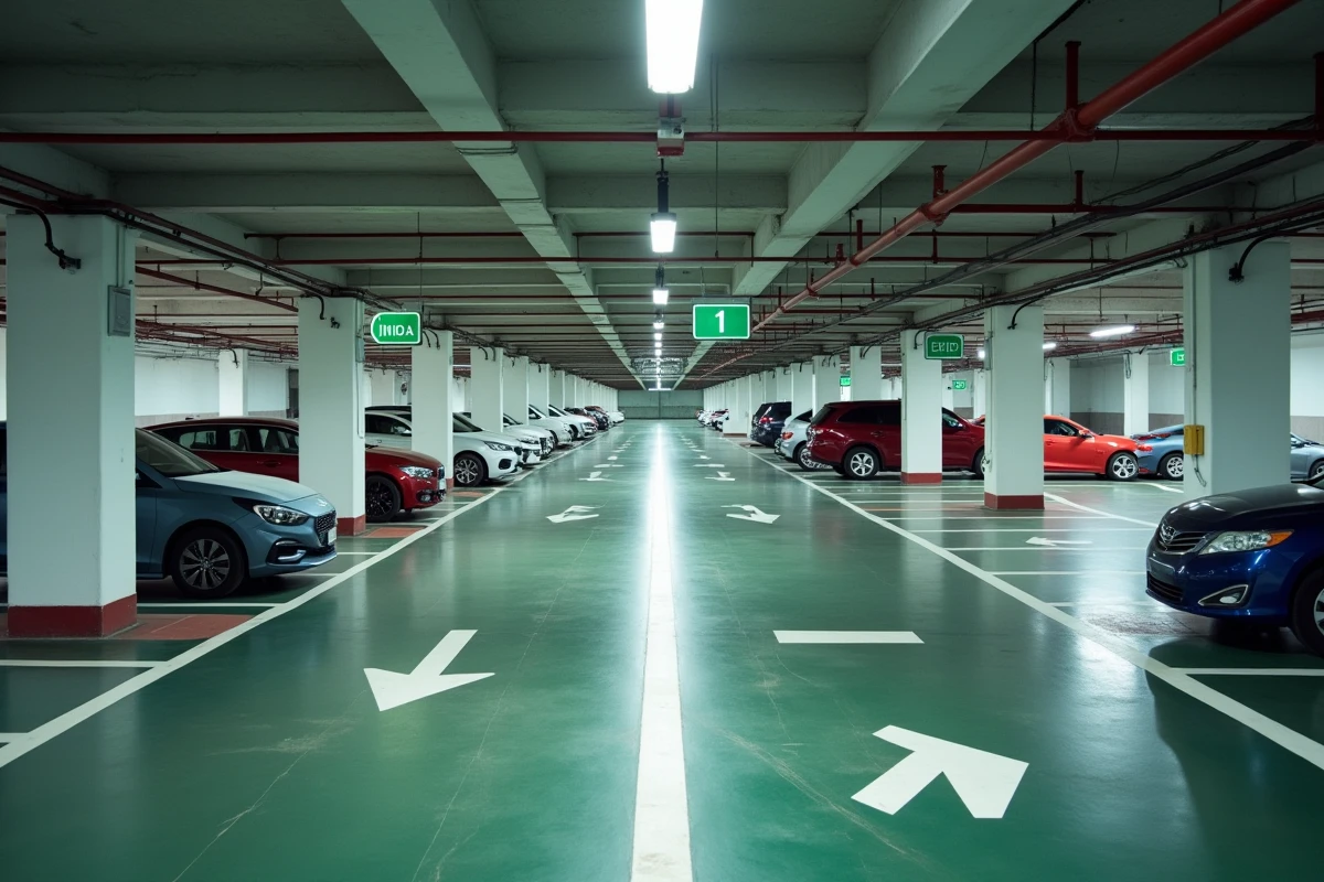 Intérieur d'un parking souterrain organisé avec voies de circulation peintes et signalisation directionnelle