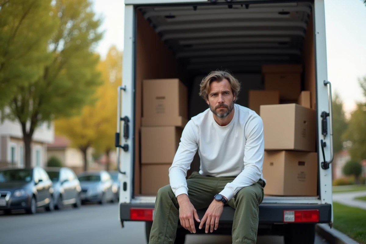 Personne seule faisant une pause lors d'un déménagement assis sur un camion de location chargé de meubles