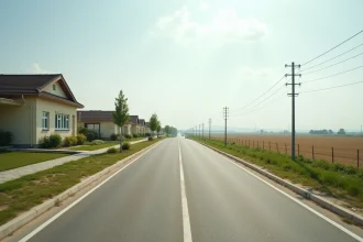 Paysage périurbain montrant la transition entre une zone résidentielle pavillonnaire et des champs agricoles en arrière-plan