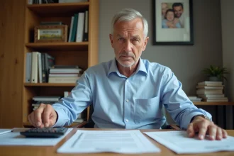 Un homme d'âge mûr examine des documents de prêt immobilier à son bureau, illustrant la question des pénalités de remboursement anticipé