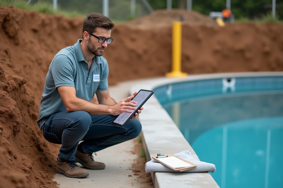 Entrepreneur pisciniste consultant une estimation de coût sur tablette lors d'un chantier de piscine en cours de construction