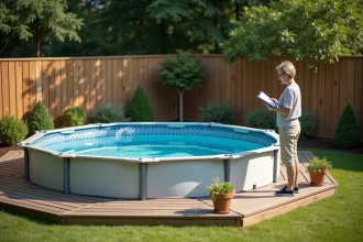 Femme examinant des documents administratifs à côté d'une piscine hors-sol ovale installée dans un jardin résidentiel avec terrasse en bois
