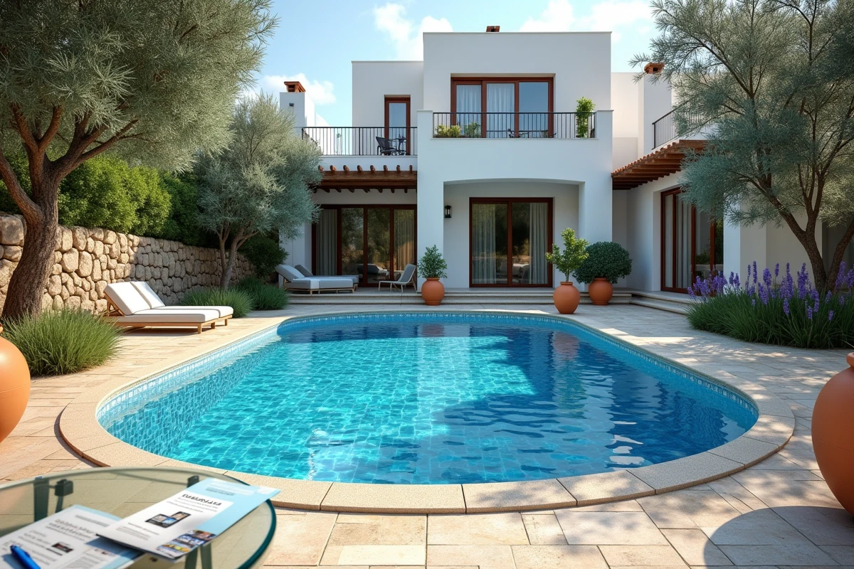 Piscine en forme de haricot avec carrelage mosaïque bleu dans un jardin méditerranéen avec documentation de budget posée sur une table extérieure
